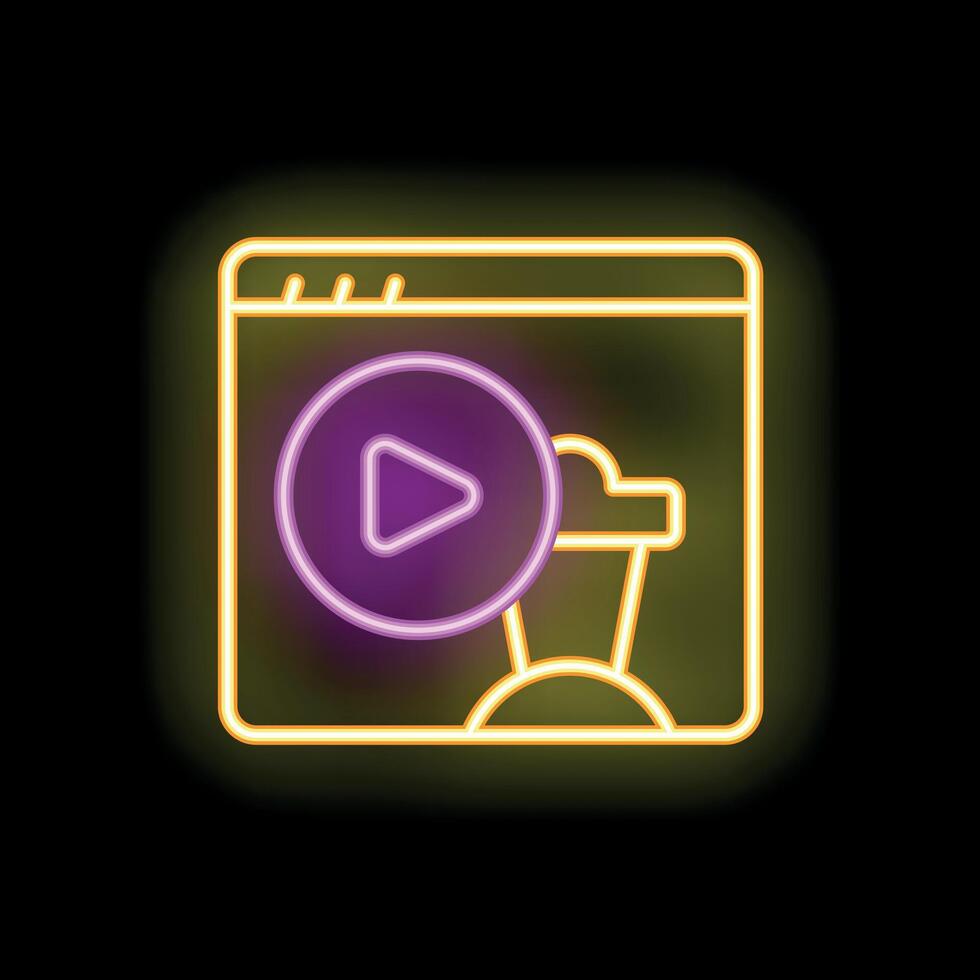 Neon sign representing online streaming platform with play button and shopping cart icon vector