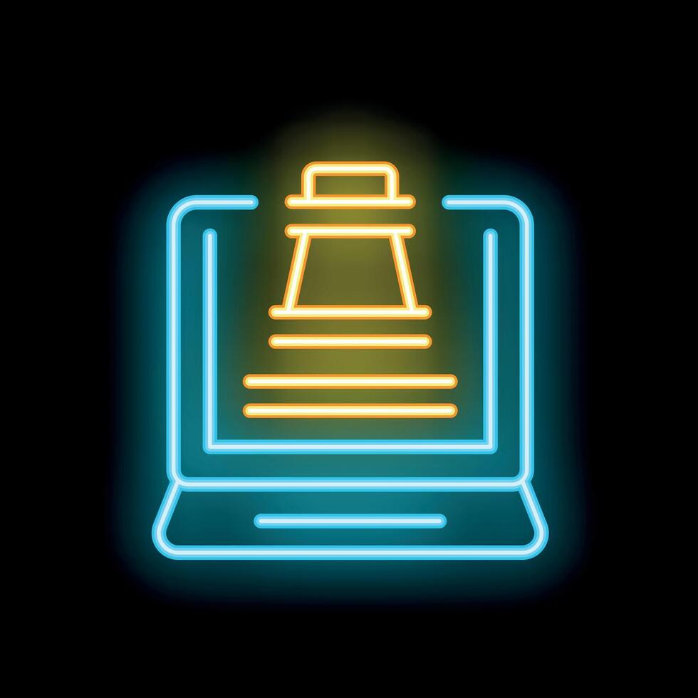 Neon icon of online auction with auction hammer and bid document displayed on laptop screen vector
