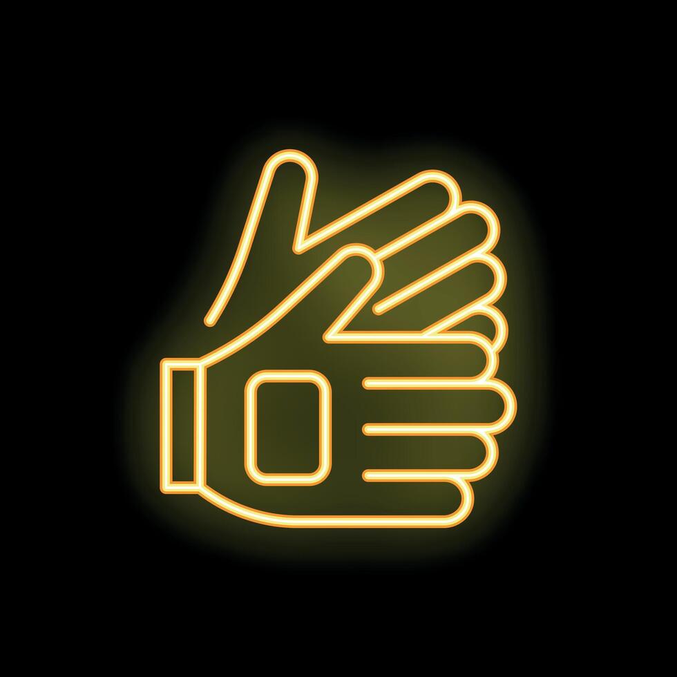 Neon icon of goalkeeper gloves shining brightly on black background vector