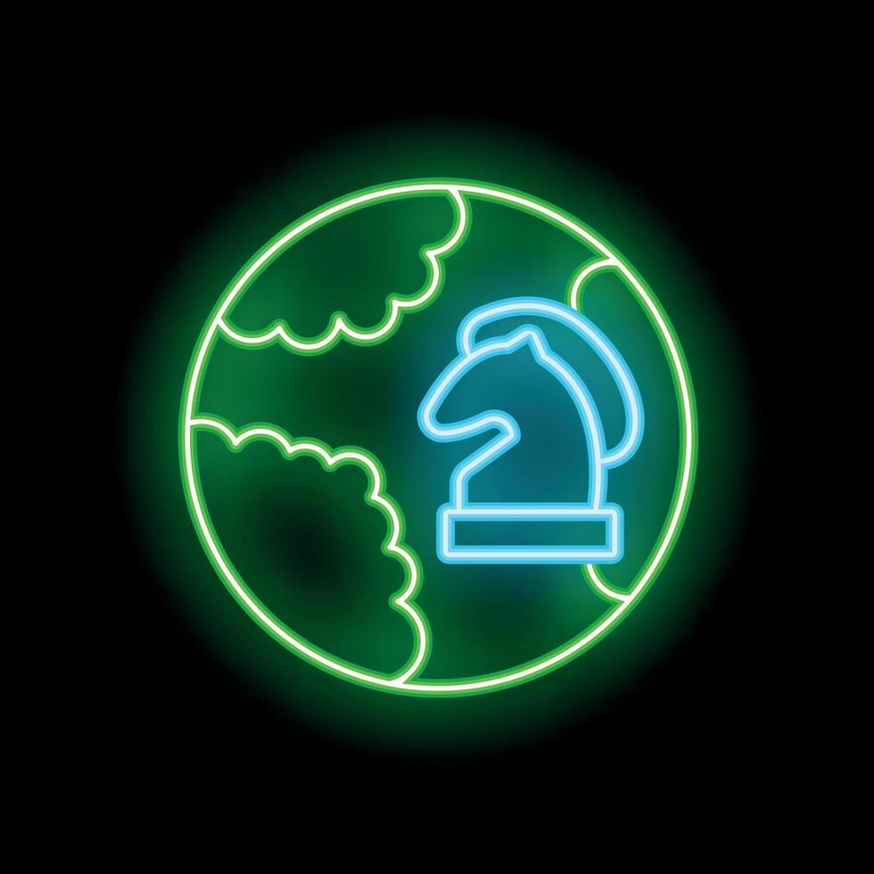 Neon green world domination with a knight chess piece icon vector