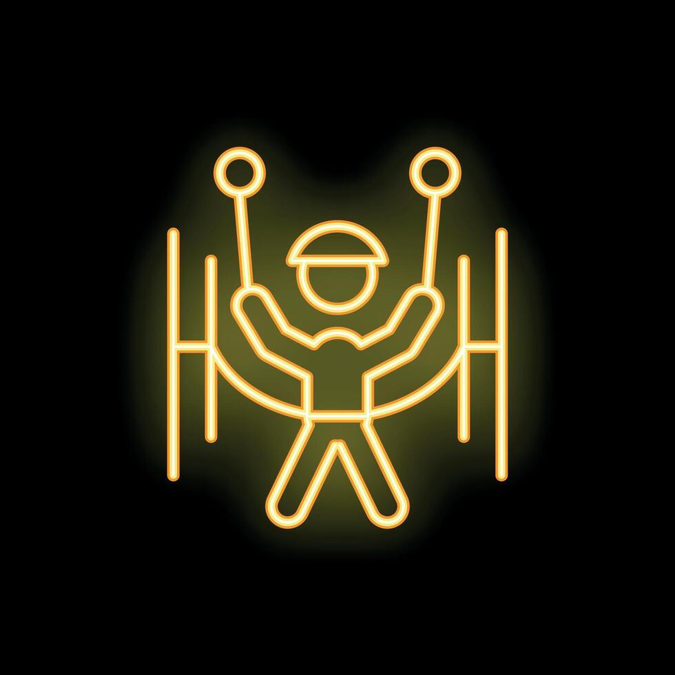 Construction worker wearing safety helmet and harness using rope access neon sign on black background vector