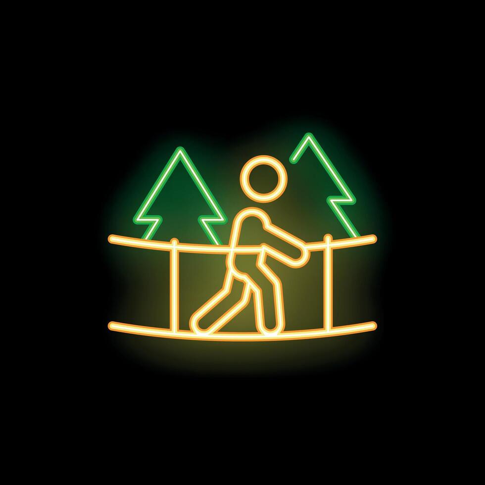 Neon sign of a person walking on a rope bridge in the forest vector