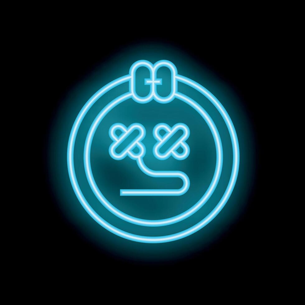 Neon icon of embroidery hoop with stitches forming a face vector