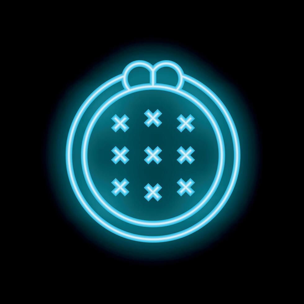Neon icon of embroidery hoop with cross stitch on black background vector
