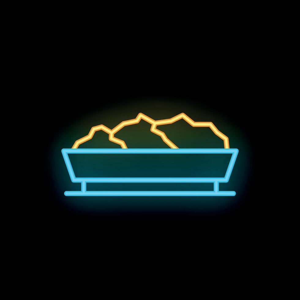 Neon icon of mining cart full of gold carrying on conveyor belt vector
