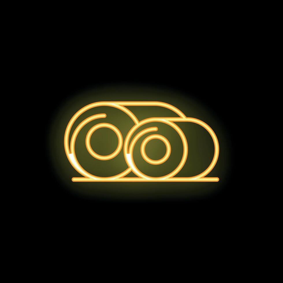 Golden neon icon of three rolls of round material displayed on shelf vector