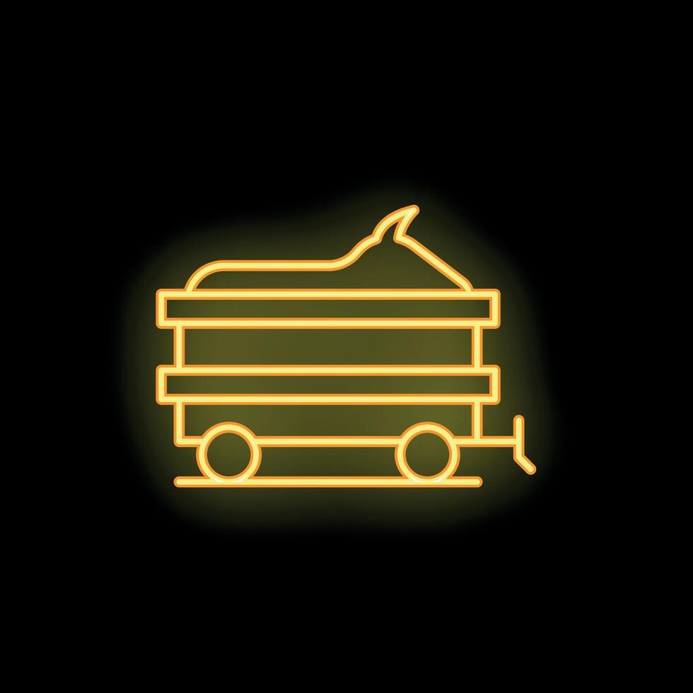 Yellow neon sign of mining cart with coal on black background vector