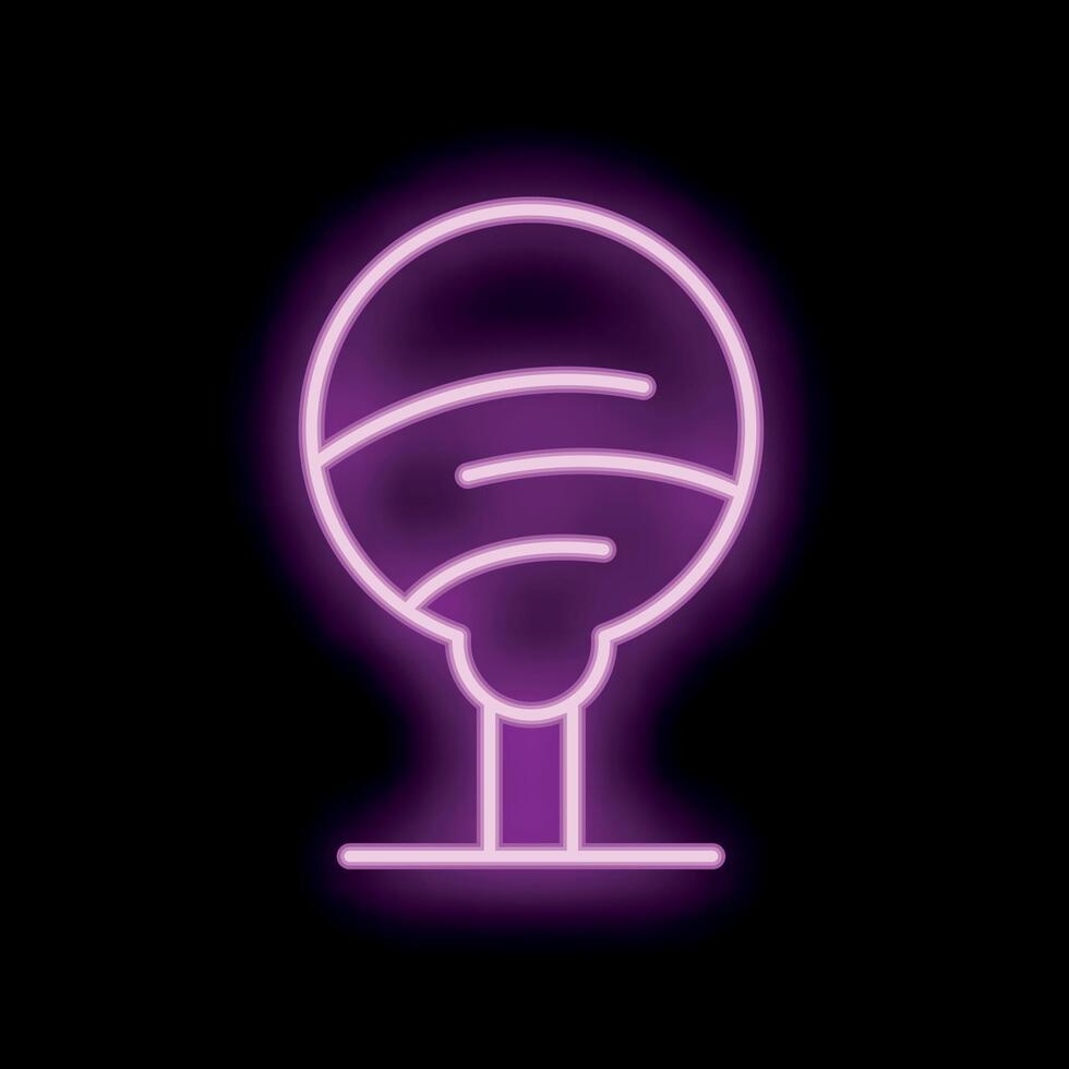 Bright purple neon sign showing a round lollipop candy on a stick on black background vector