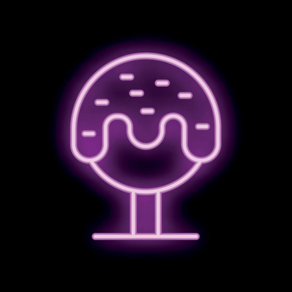 Purple neon sign of a cake pop with sprinkles on a stick displayed on a black background vector