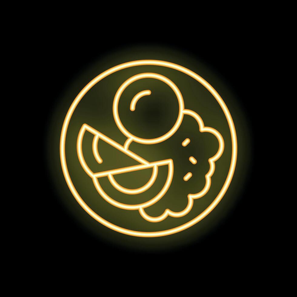 Round plate with food, neon style icon for restaurant menu vector