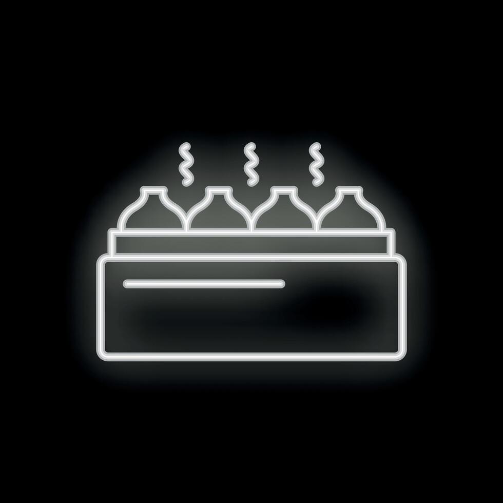 Neon sign of steaming mantou buns in a bamboo steamer on a black background vector