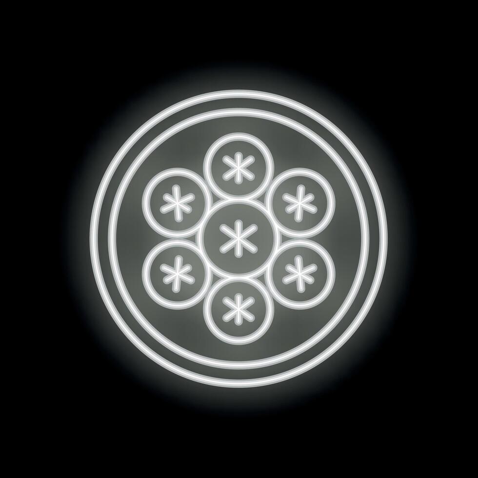 Round glowing neon sign with seven circles and snowflakes on black background vector