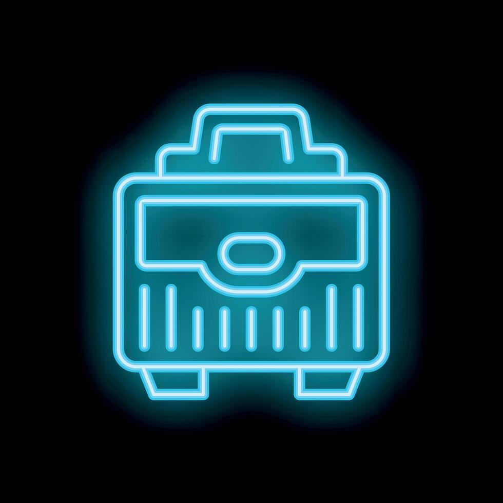 Blue neon sign of toolbox on black background glowing brightly vector