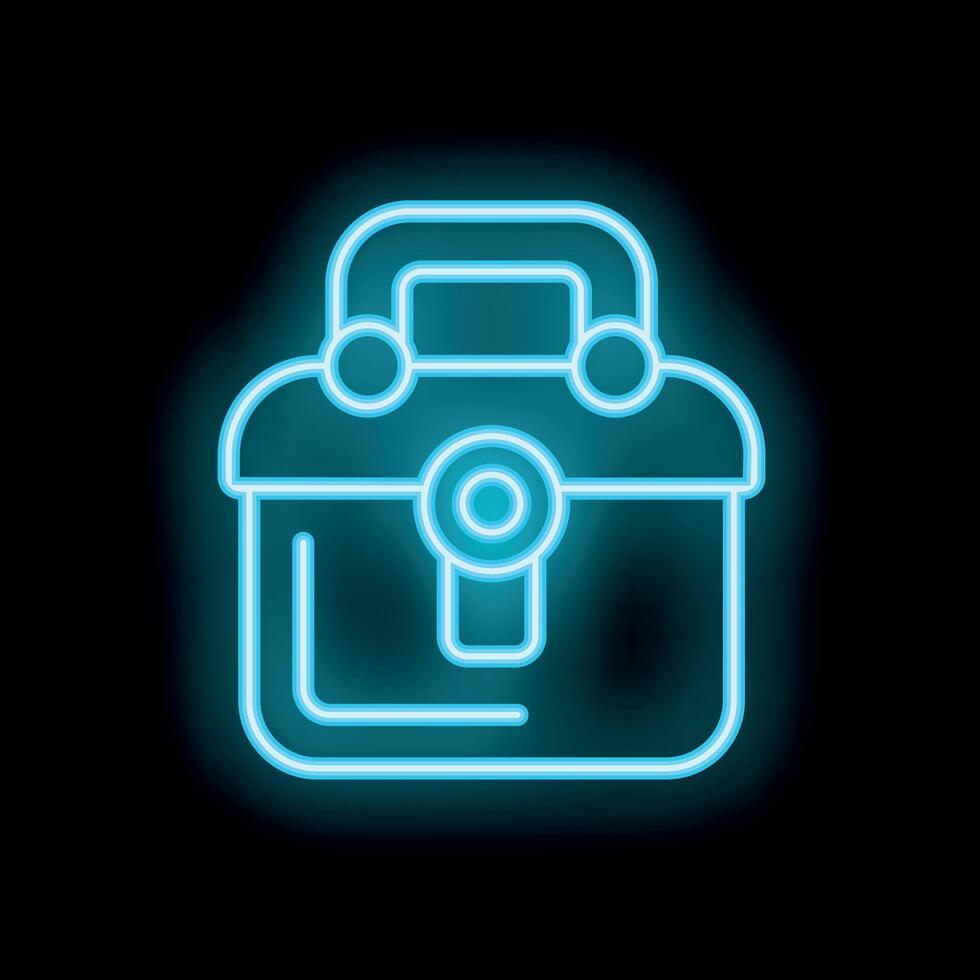 Blue neon toolbox icon glowing against a black background vector