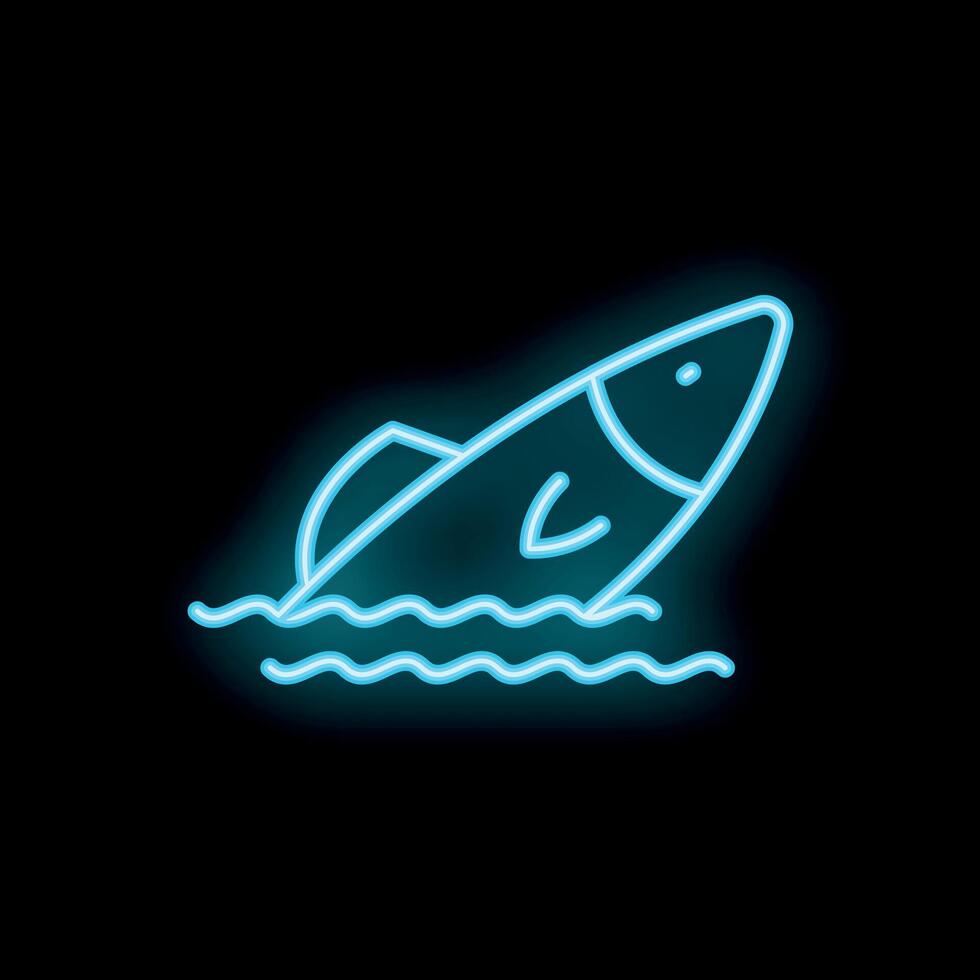 Neon blue fish jumping out of water icon vector