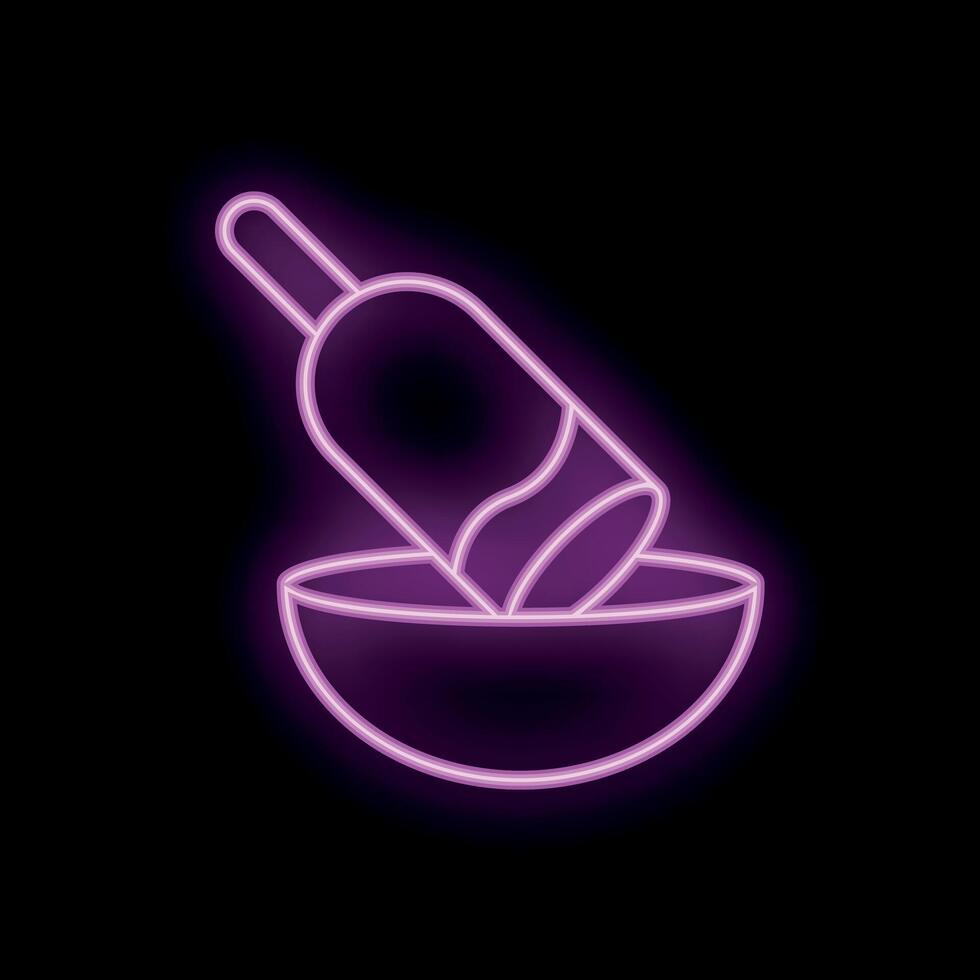 Neon sign of wine bottle pouring into bowl on black background vector