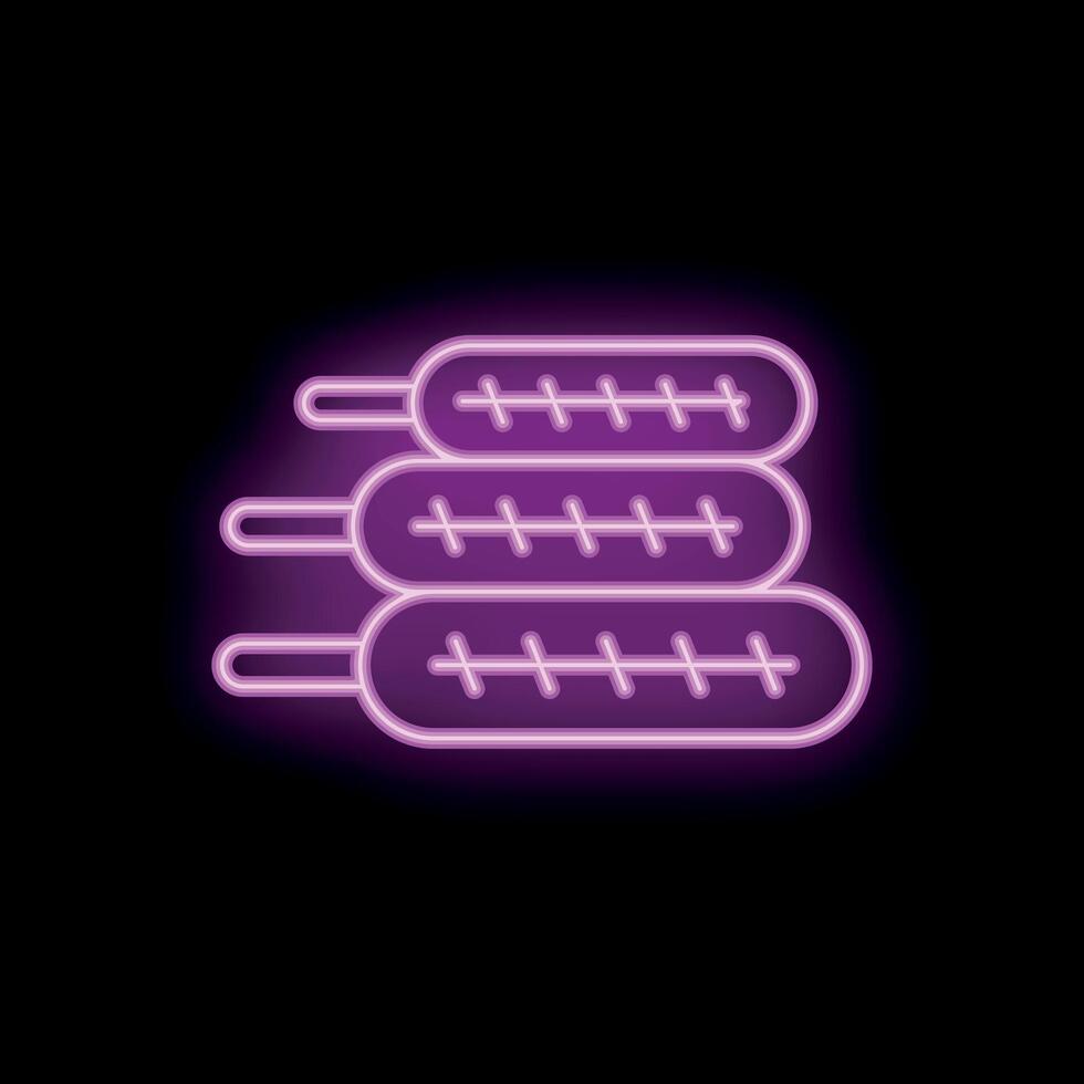 Neon sign of three sausages on a stick glowing on black background vector