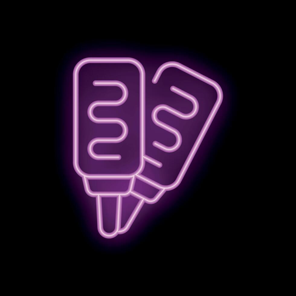 Neon sign representing two corn dogs glowing in purple on a black background vector