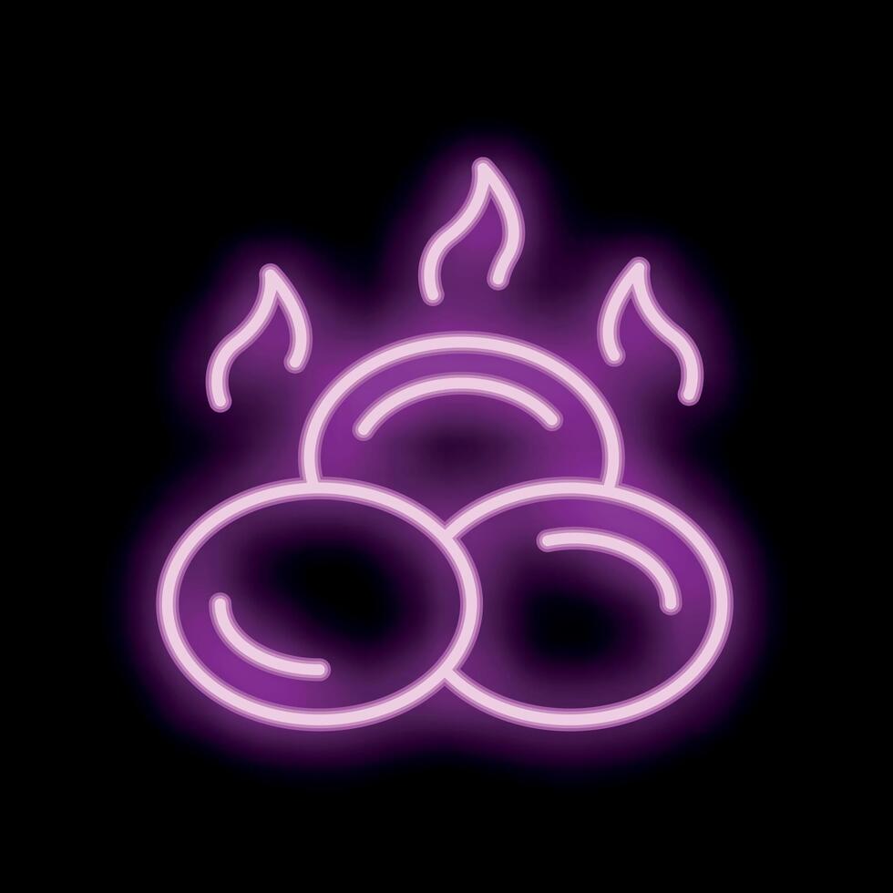 Purple neon sign of three hot buns with steam coming out on black background vector