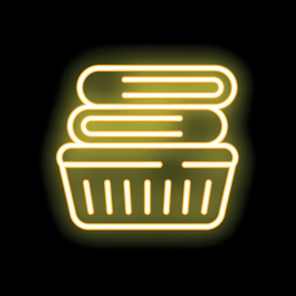 Neon laundry basket with folded clothes icon on black background vector