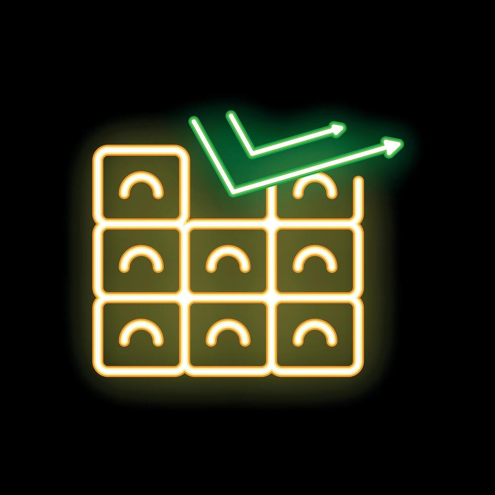 Neon green check mark over solar panels icon showing renewable energy production vector