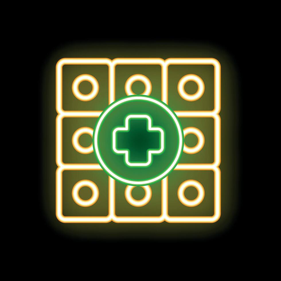 Neon green cross glowing inside a yellow neon square grid on black background vector