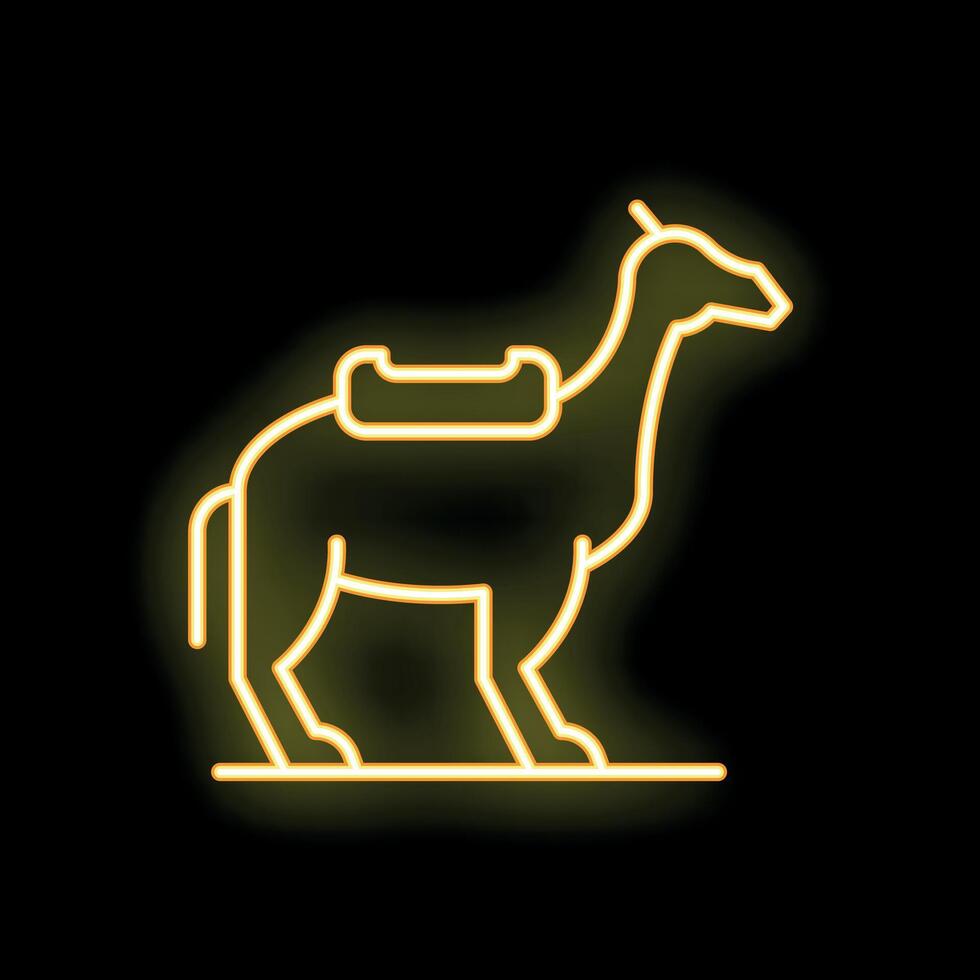 Neon camel standing with saddle on its back glowing yellow vector