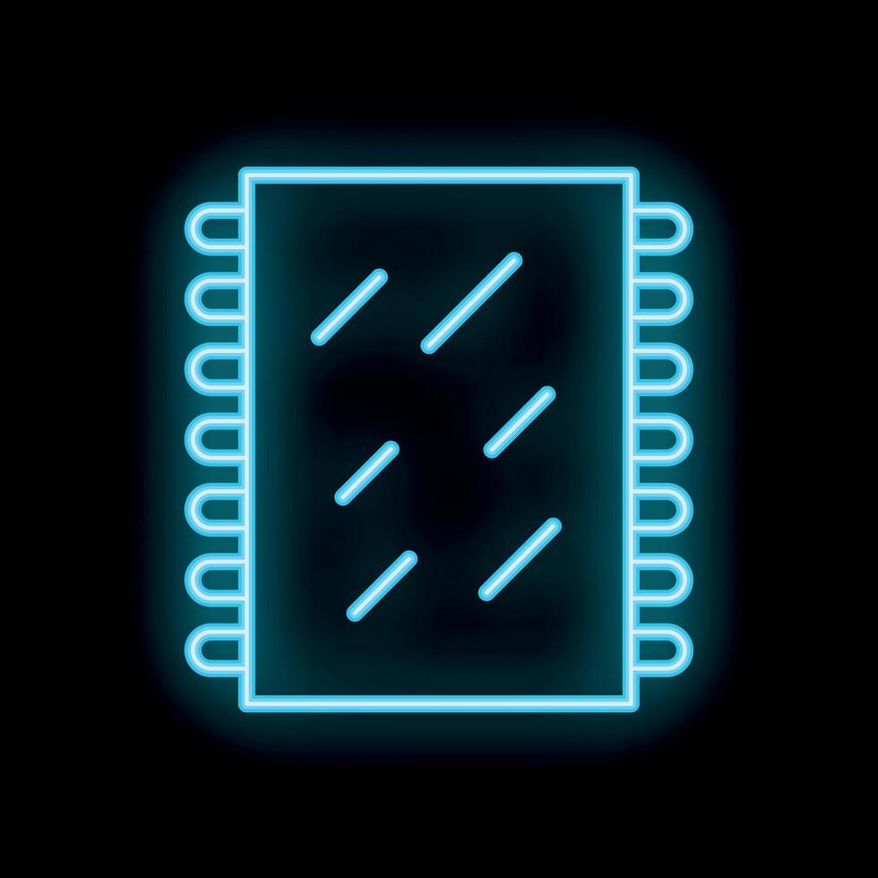 Neon blue microchip icon glowing against black background vector
