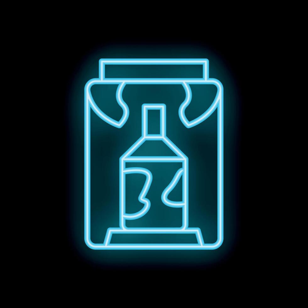 Neon sign of open cardboard box with bottle inside on black background vector