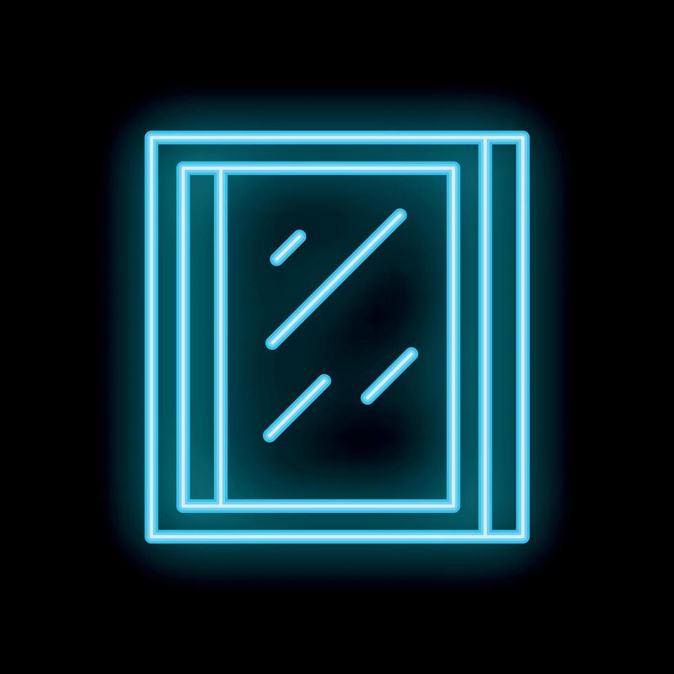 Glowing neon sign depicting a window with broken glass on a black background vector