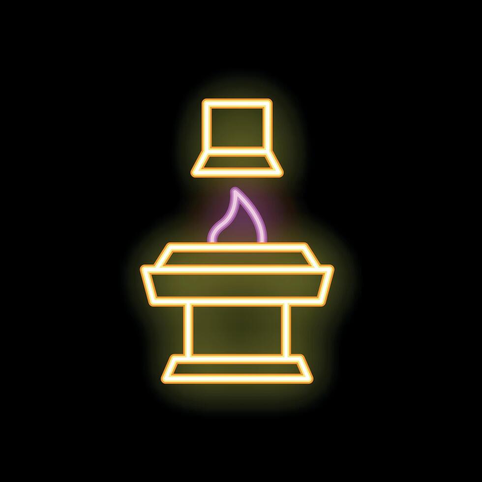 Neon sign of online funeral ceremony with coffin and laptop on black background vector