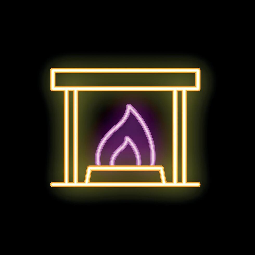 Neon fireplace icon glowing with purple and yellow light vector