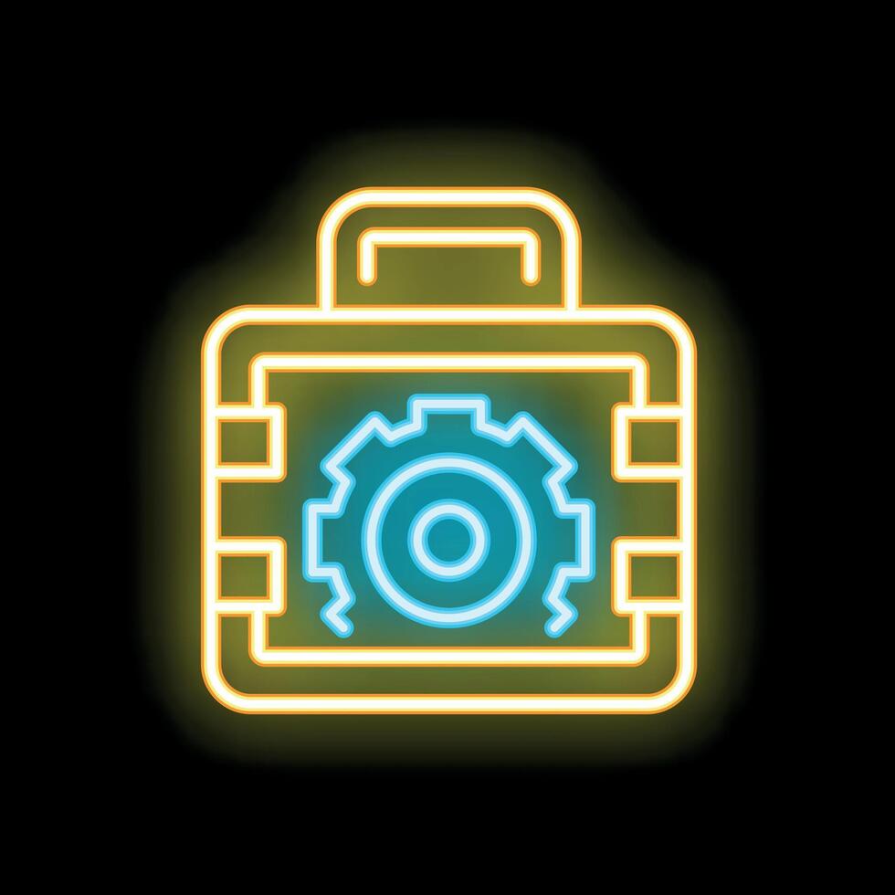 Neon sign of toolkit with gear wheel on black background vector