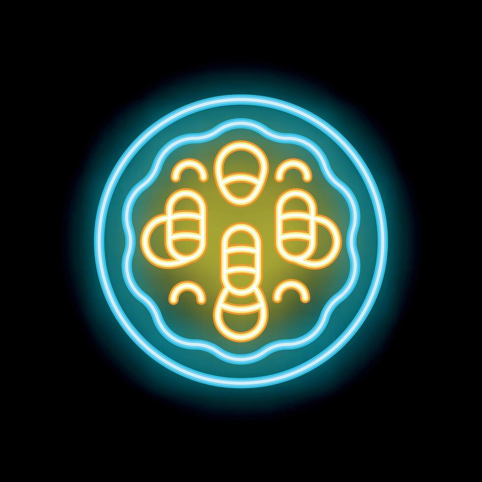 Neon icon of tasty pizza with mushrooms glowing on dark background vector