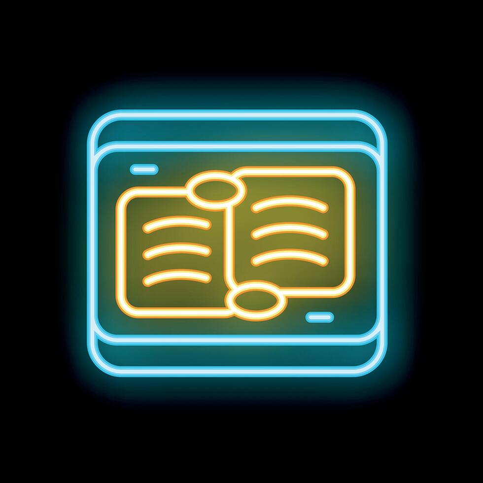 Neon icon of open book displaying on tablet screen vector