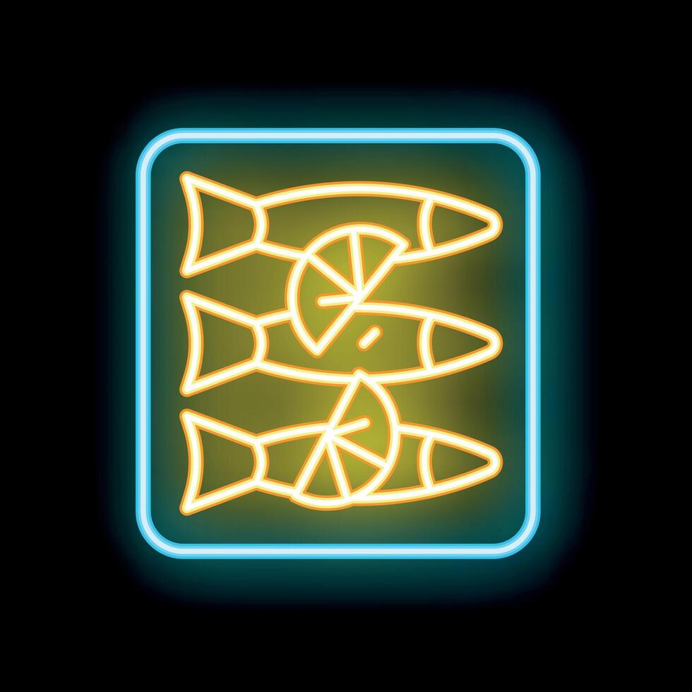 Neon sign depicting fresh fish with lemon slices in a rectangular frame vector