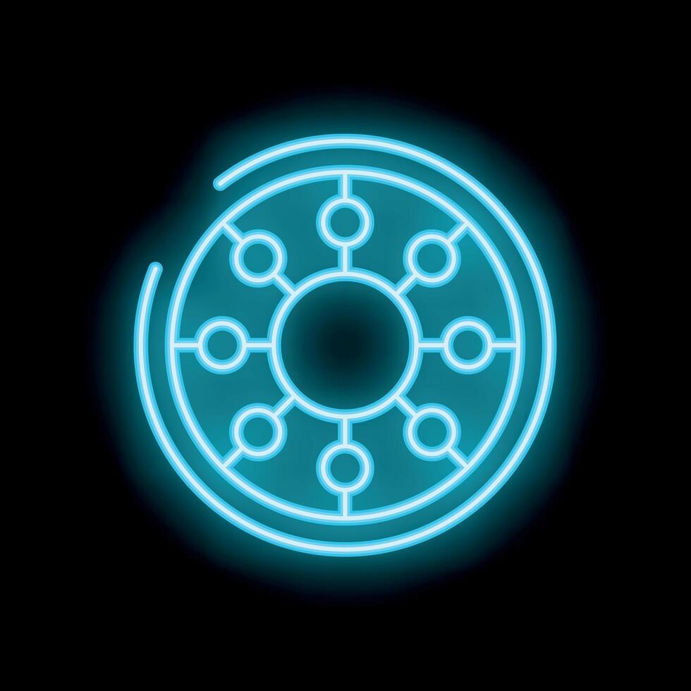 Neon blue network hub glowing on black background vector