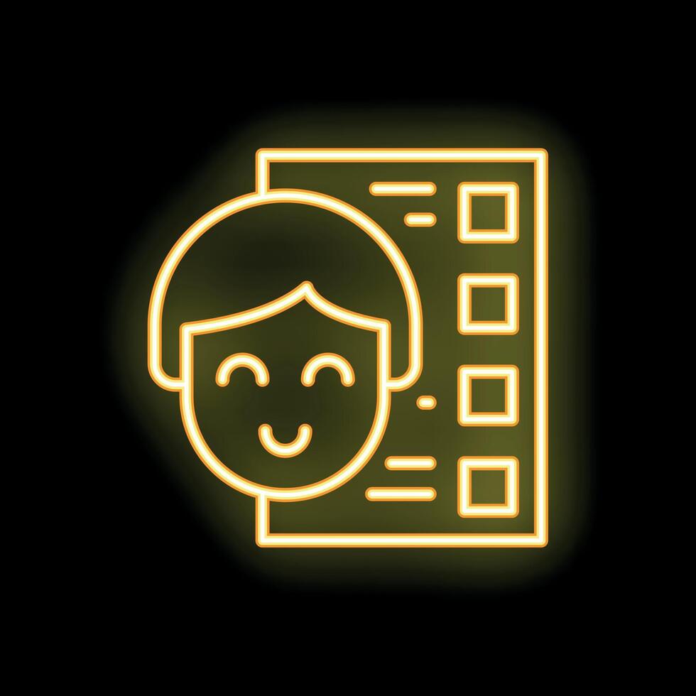 Happy woman completing survey form with checkboxes in neon style vector