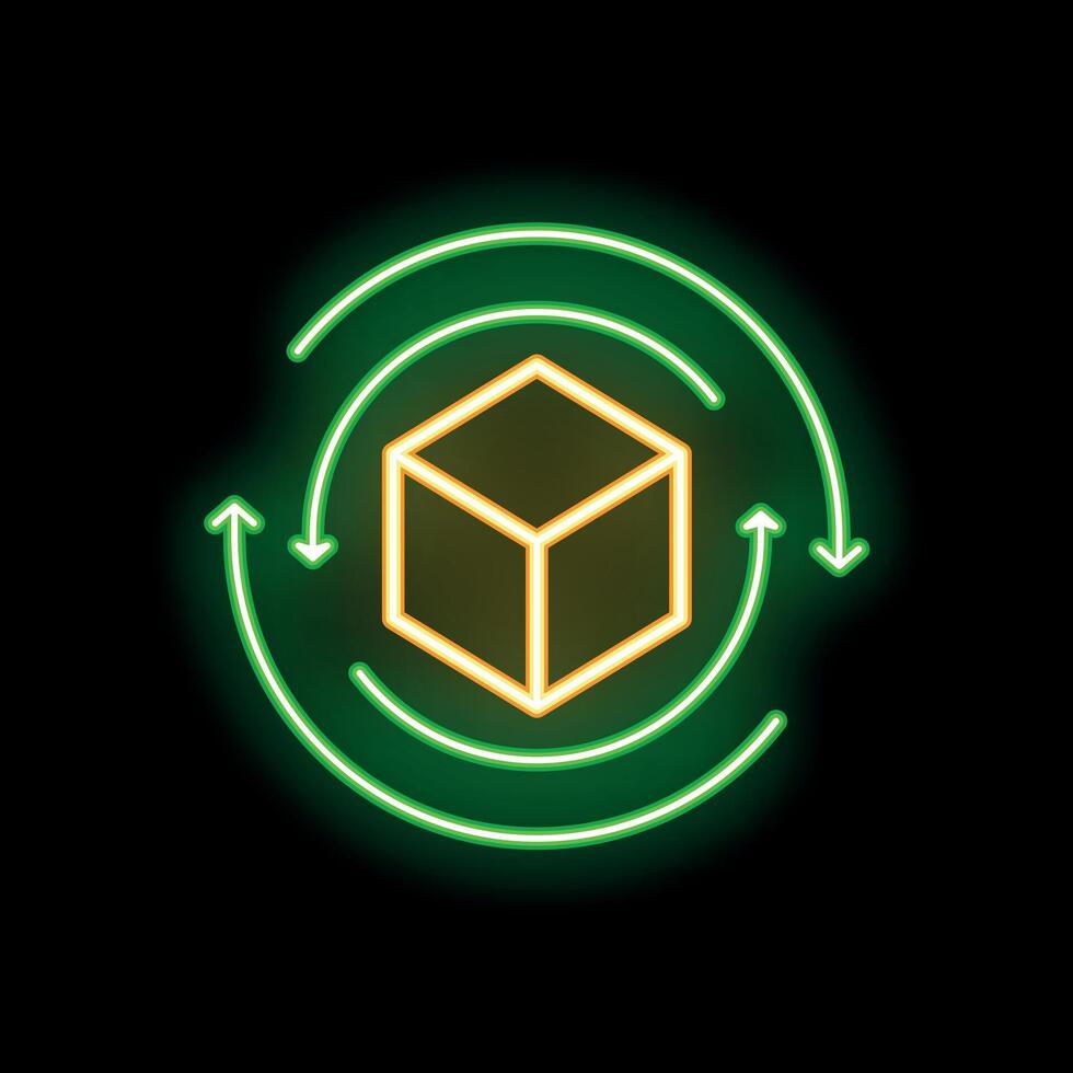 Neon green circular economy icon with recycling arrows and cube vector