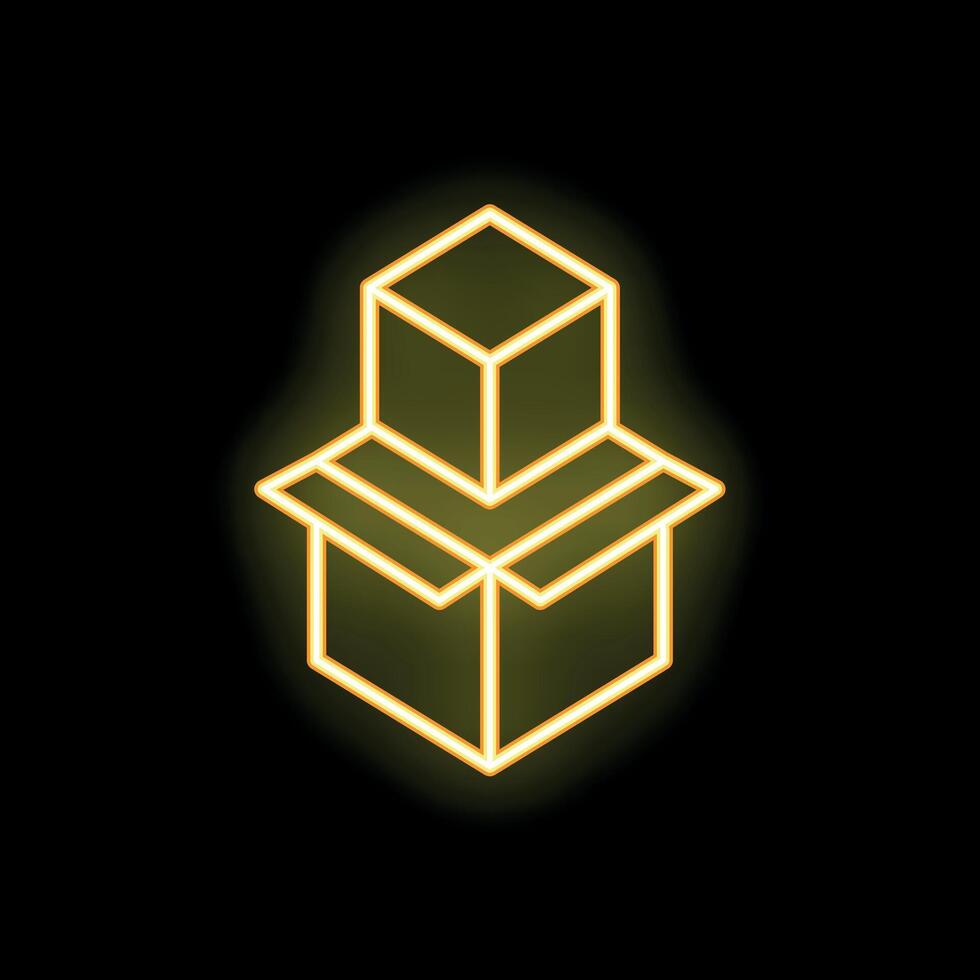 Open cardboard box with lid neon sign glowing on black background vector