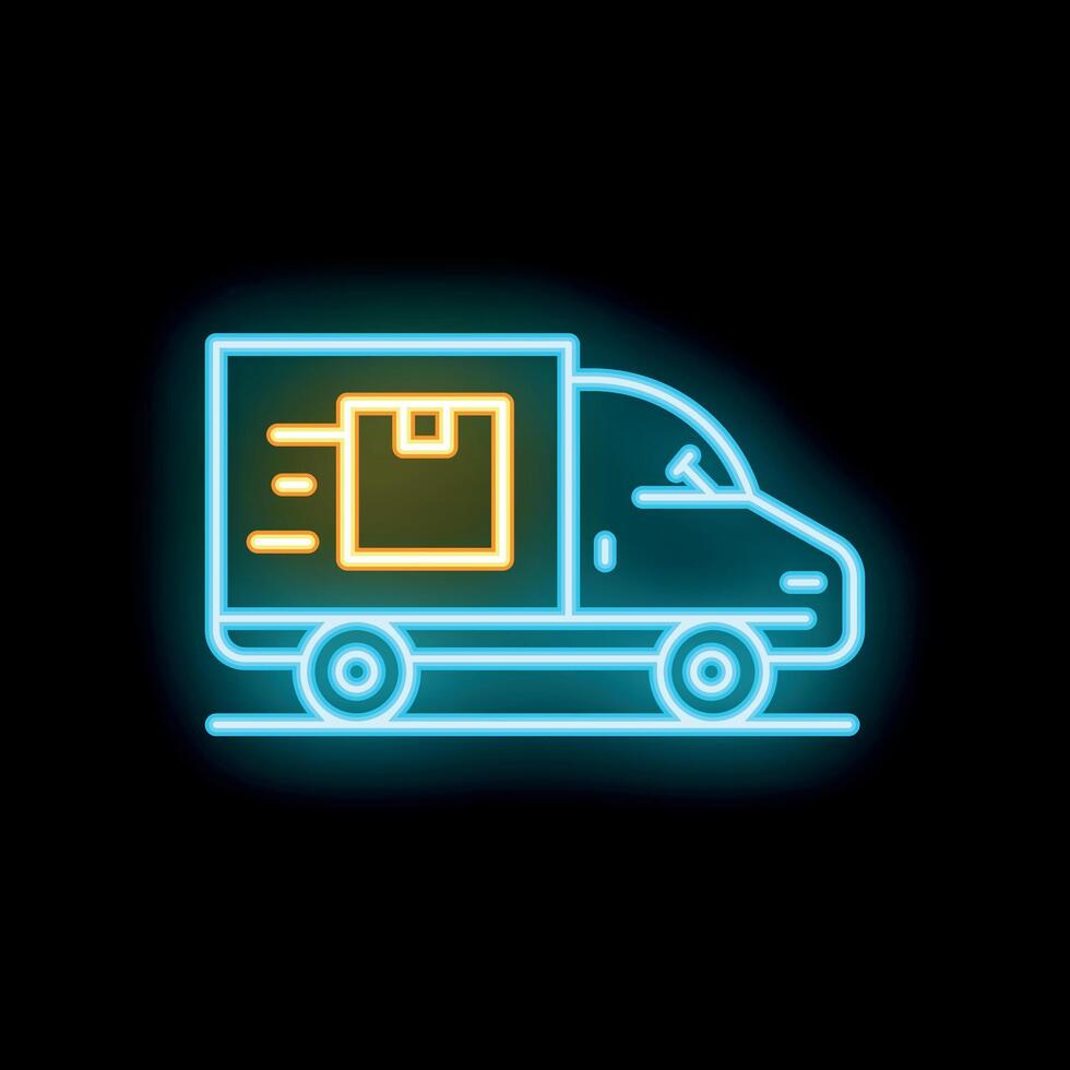 Neon style icon delivery truck moving fast with parcel box inside on black background vector