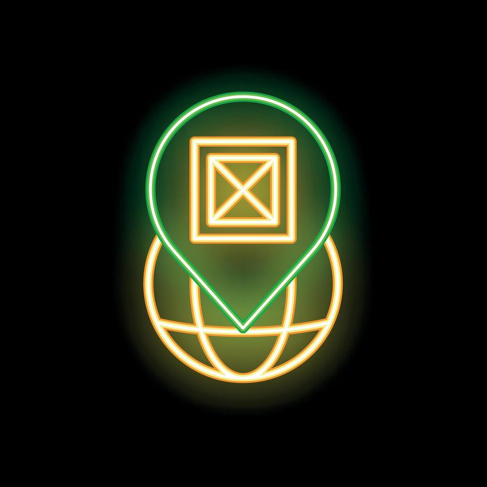 Neon green location pin pointing on world globe with package inside on black background vector