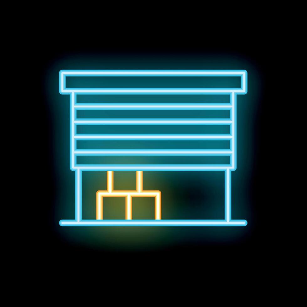 Glowing neon warehouse building facade with closed shutter and boxes inside vector