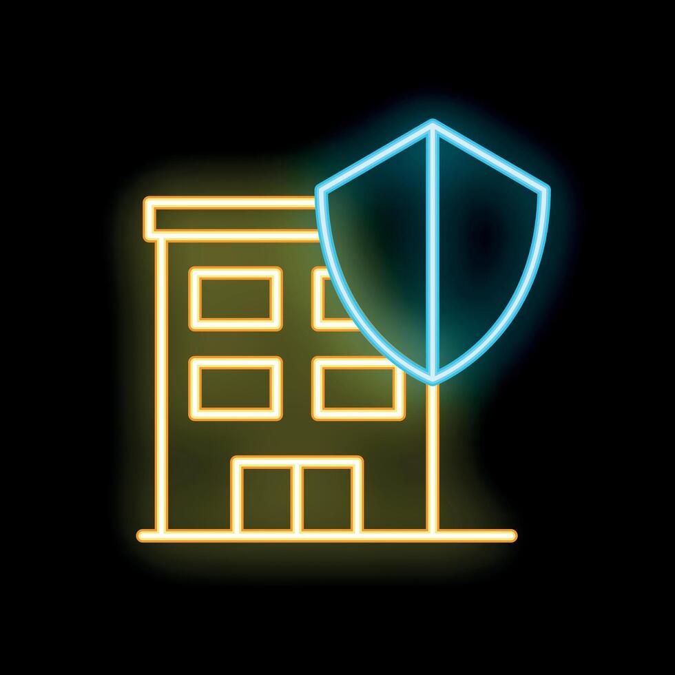 Neon shield protecting building icon glowing on dark background vector