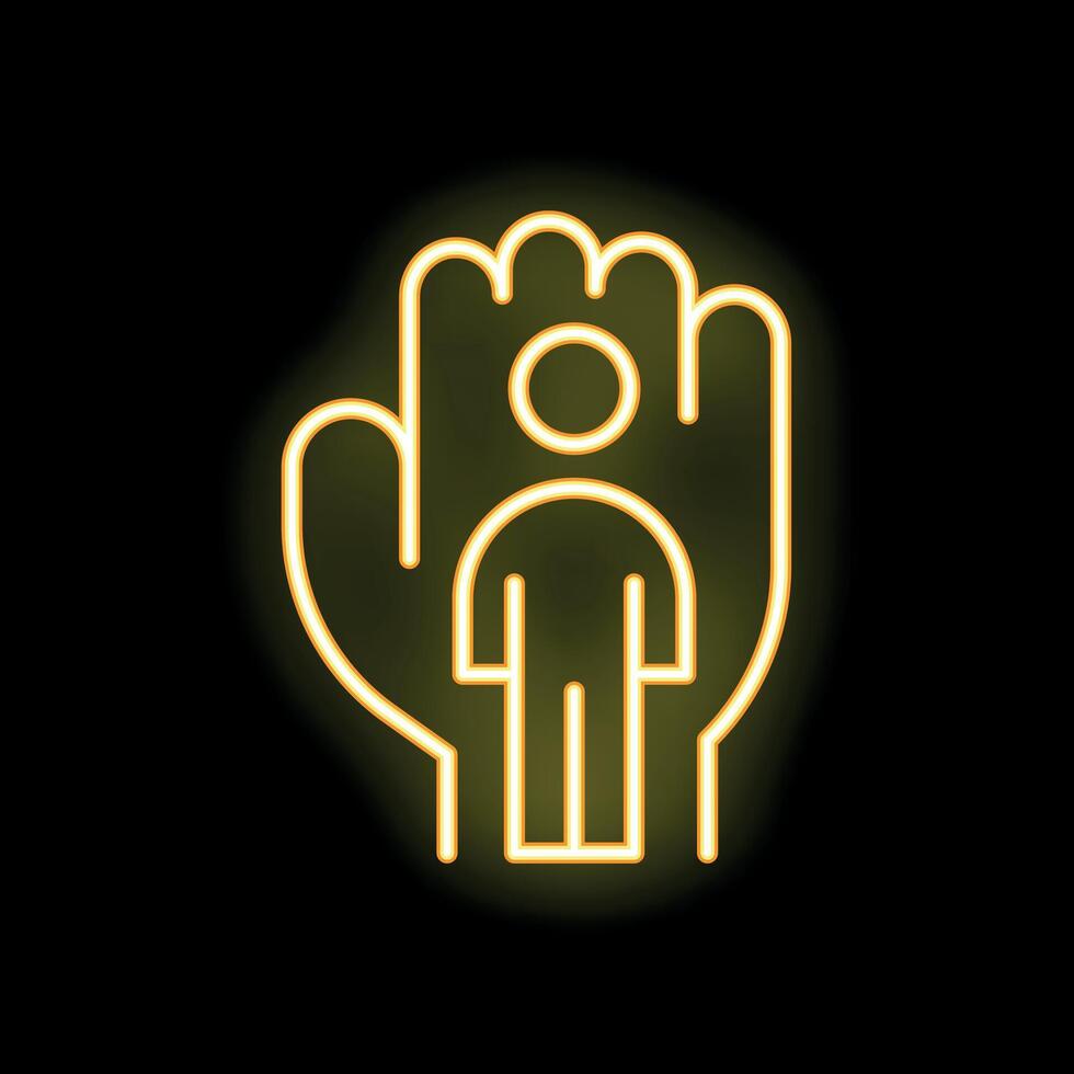 Neon sign of hand holding a person protecting and caring concept vector