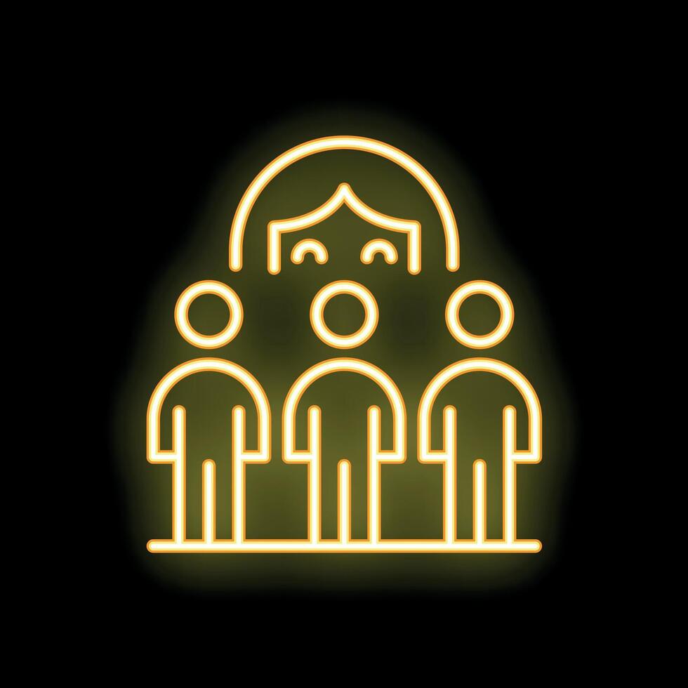 Neon icon of businesswoman leading three employees towards success vector