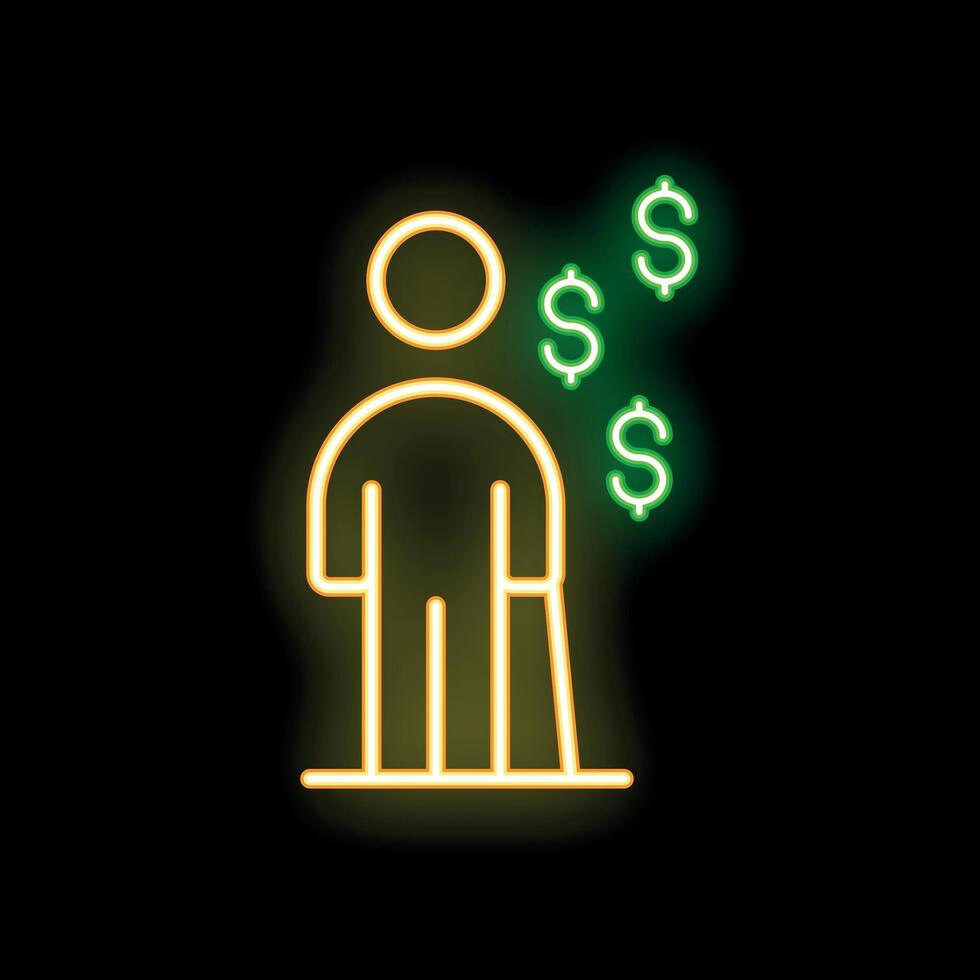 Neon icon of person with crutches thinking about money vector