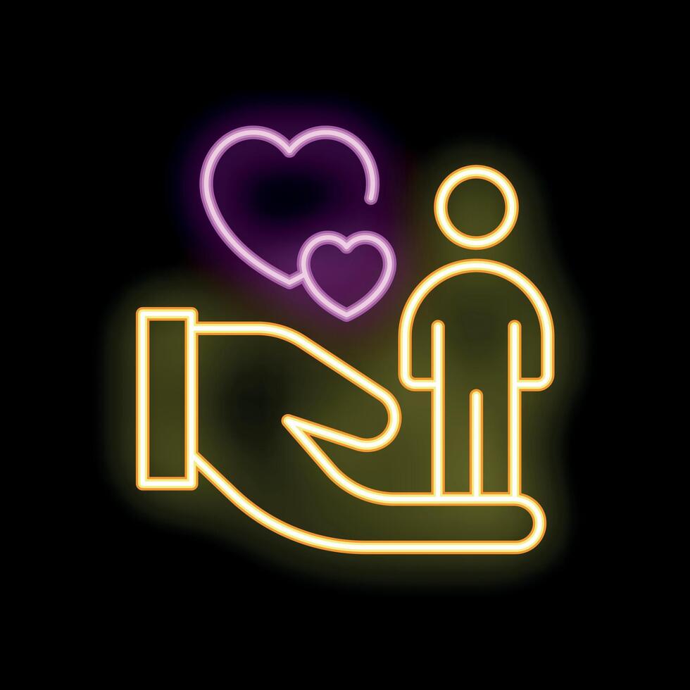 Neon icon of hand holding a person with hearts representing customer care vector