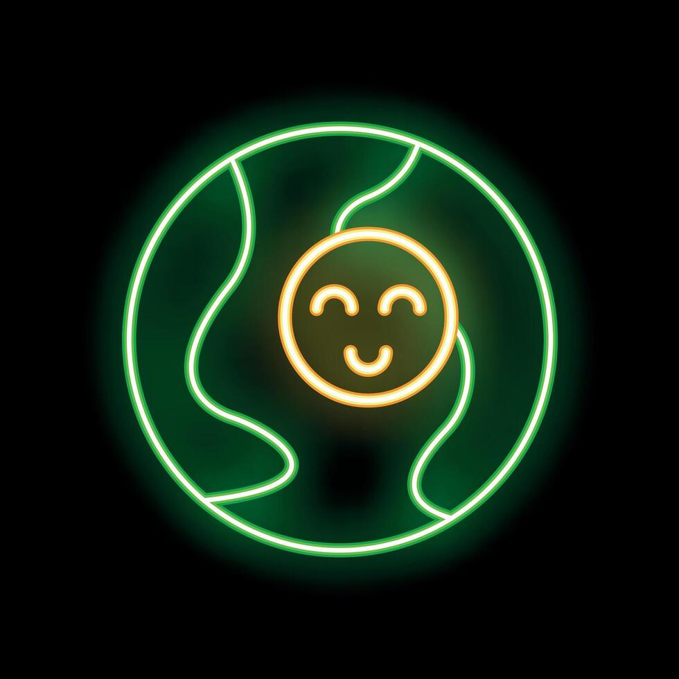 Neon sign of happy earth smiling on black background vector