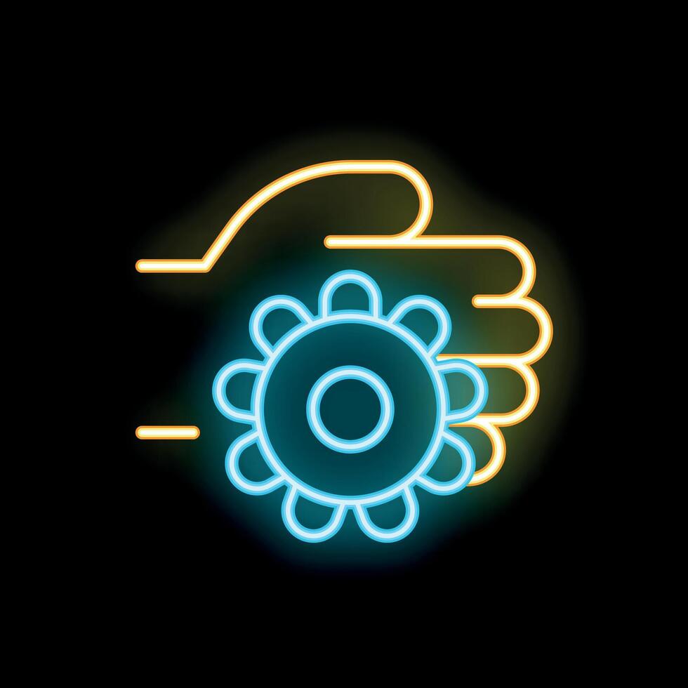 Neon sign of hand holding gear symbolizing engineering and innovation vector